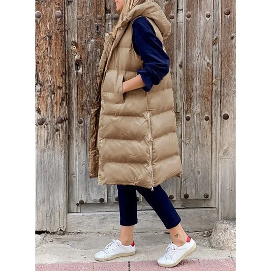 Women Autumn Winter Hooded Vest Coats Outwear Jacket Single-breasted Sleeveless Warm Solid Color Coats Parka