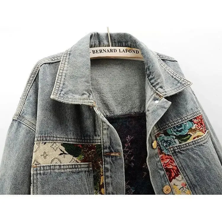Fashion temperament denim jacket women's autumn and winter new short Joker print splicing long sleeve lapel short jacket
