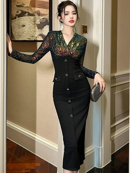 Luxury Elegant Annual Party Dress Women French Colorful Sequins Black Bodycon Single Breasted Robe Femme Banquet Prom Vestidos