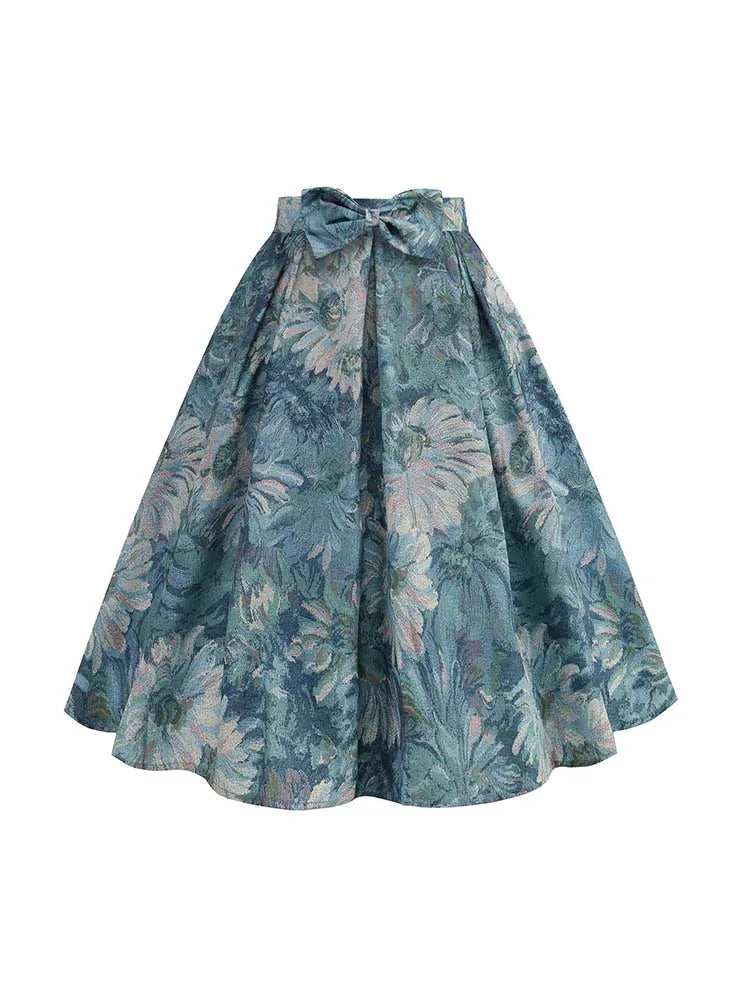50s Vintage Women Skirt High Waist Floral Print Pleated Midi Retro Summer Swing Holiday Skirts