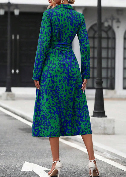 Elegant Random Print Button Down Shirt Dress Women's Long Sleeve Belted Waist Midi Dress Spring Fall Office Casual Dress