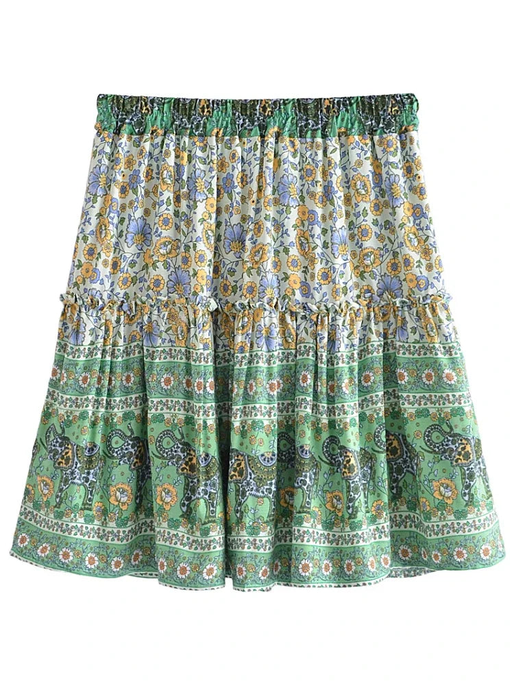 Women Vintage Summer Ruffles Tassel Pleasted Bohemian Skirt Green Floral Printed Rayon Lady Bottoms Boho Mini Skirts