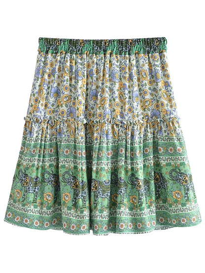 Women Vintage Summer Ruffles Tassel Pleasted Bohemian Skirt Green Floral Printed Rayon Lady Bottoms Boho Mini Skirts