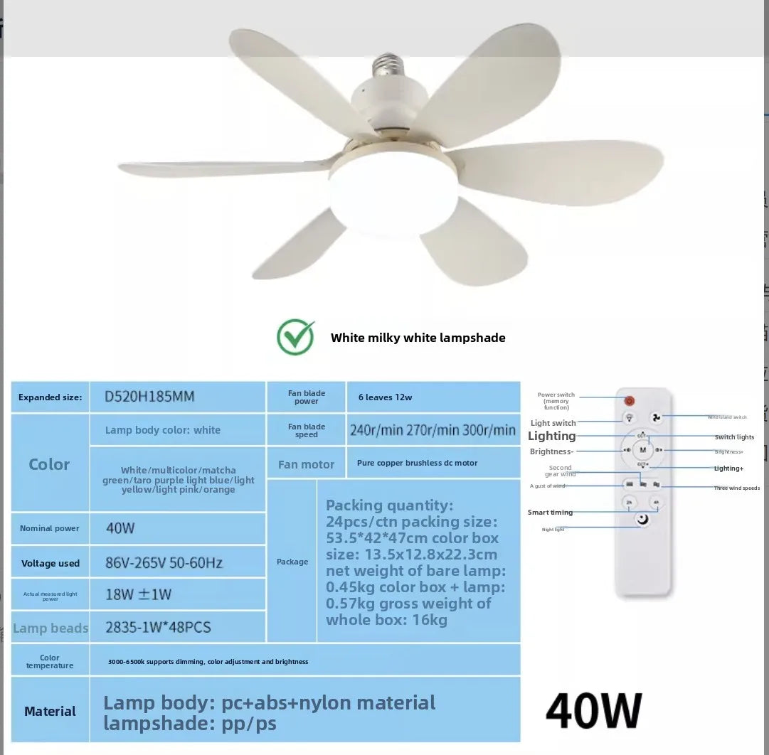 2026 New E27 Ceiling Fan Light, 30W/40W Dimmable LED Fan Lamp with Remote Timer for Bedroom Kitchen Balcony