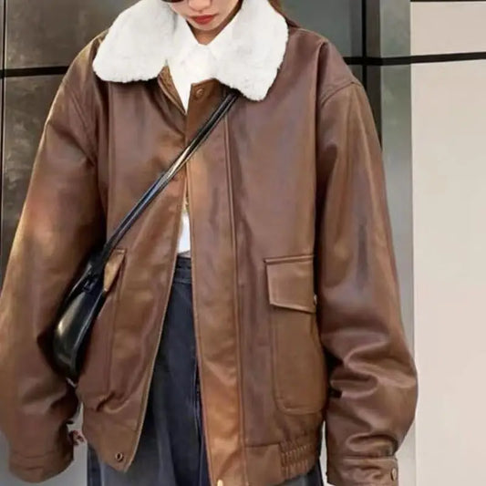 Retro Gothic Brown Plush Fur Leather Jacket Women Fashion Classic Vintage Autumn And Winter Zipper Casual Motorcycle Jacket