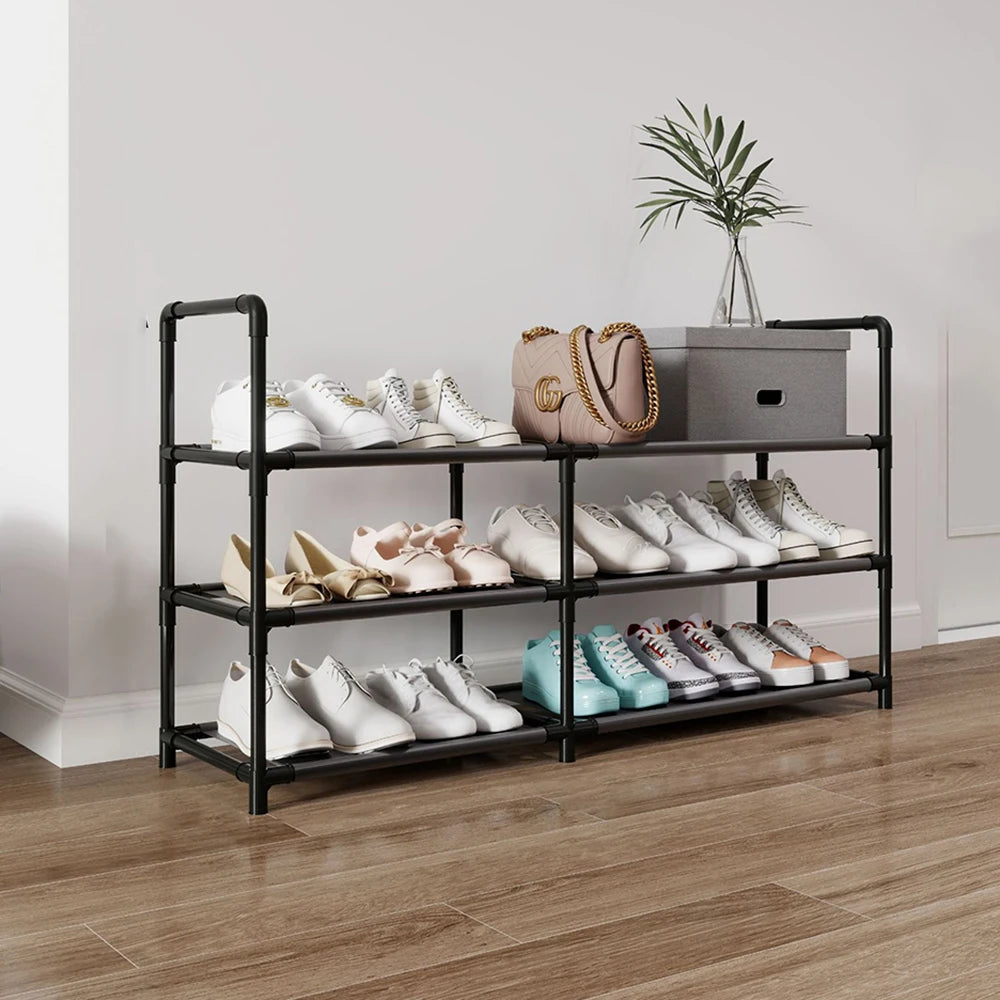 Shoe Rack 3 Tier Long Storage Organizer Wide Metal Shoe Shelf for Closet Entryway Black Dustproof Storage Rack, Dormitory Iron S