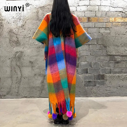 WINYI Winter Plaid color cloak High Quality poncho Long Loose OverCoat Thick Warm Female coat for women Hanging ball cardigan