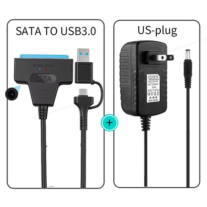 SATA To USB 3.0/Type-C Cable SATA III Hard Drive Adapter Up To 6 Gbps for 2.5 3.5 Inch HDD SSD Hard Drive Disk with 12V/2A Power