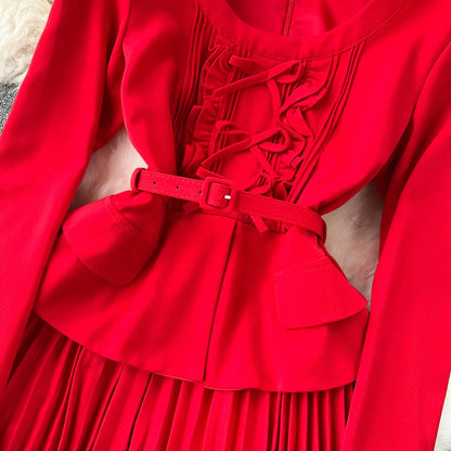Autumn Winter Bow Dress Women Ruffles Long Sleeve Midi Vestidos Office Lady