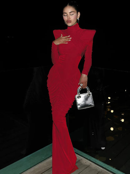 Weird Puss Autumn New Style Maxi Dress Women Turtleneck Full Sleeve Backless Skinny Stretch  Prom Party Ruched Elegant Vestidos
