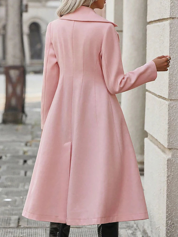 JULISSA MO Turn-down Collar A-line Women Coat Pink Long Sleeve Double Breasted Coat Female Winter Slim Fashion Streetwear 2024
