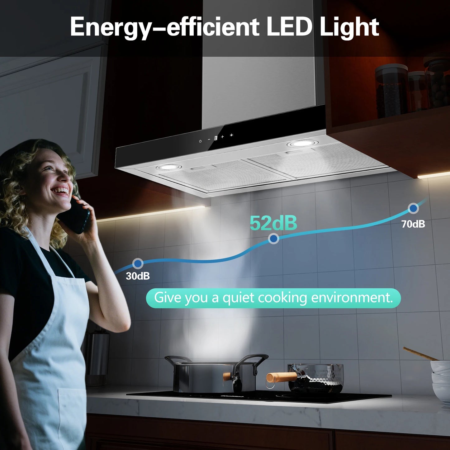 Topstrong 60cm Wall Mounted 400m³/h A+++ LED Touch Control Stainless Steel Extractor Fan Quiet 52dB Kitchen Hood