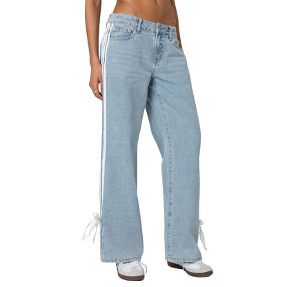Women Vintage y2k Side Striped Bow Tie Jeans Boyfriend Low Rise Baggy Straight Wide Leg Jeans Casual Loose Fit Denim Pants