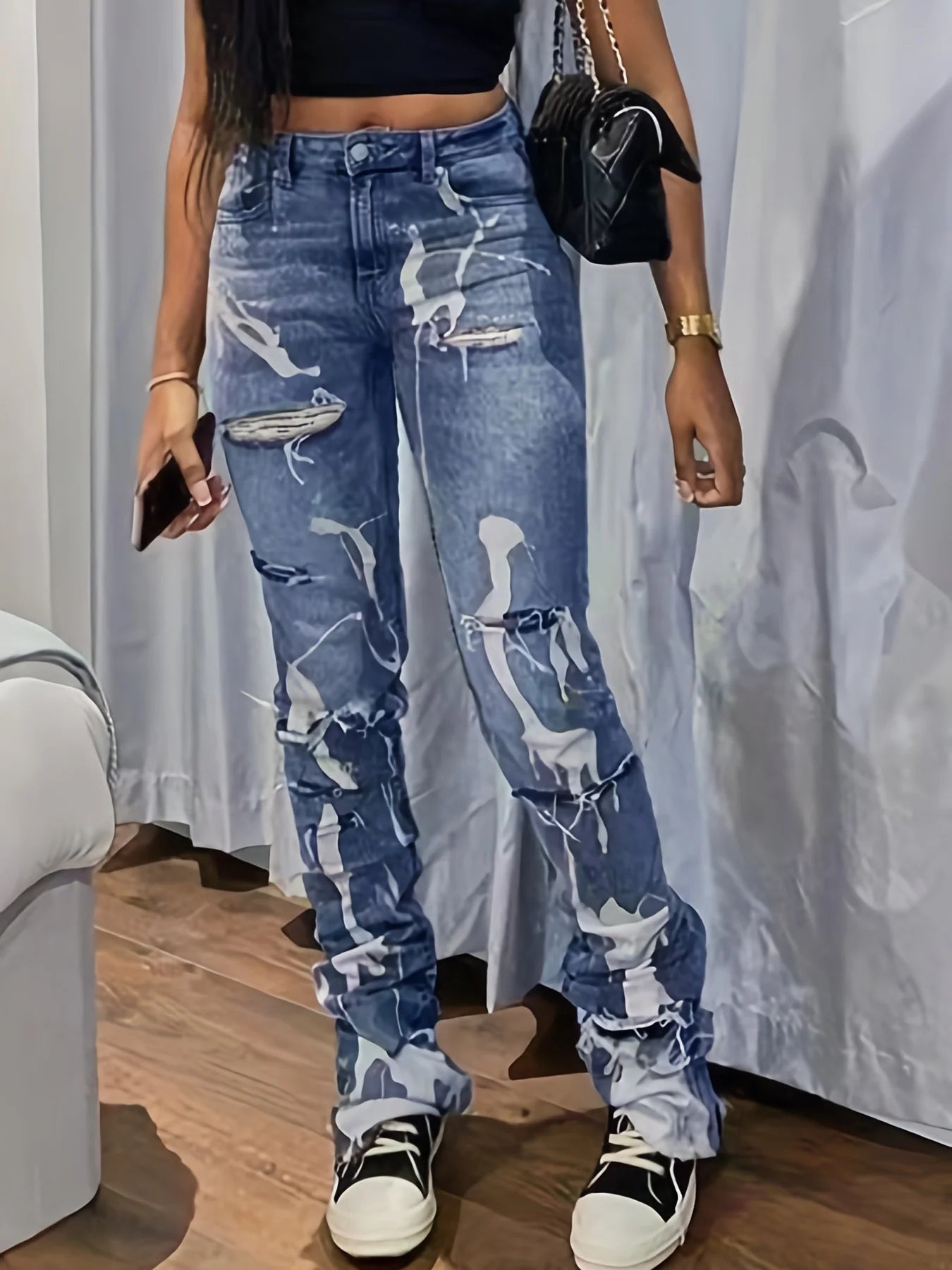 Popular female Spice Girl style slim-fit ripped jeans