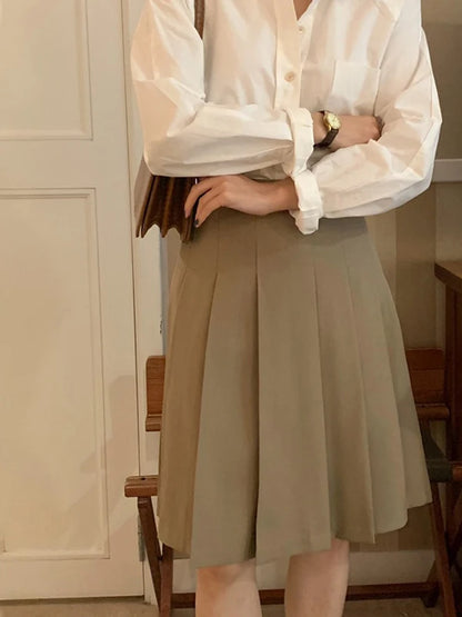 Khaki High Waist A-Line  Skirt Women's Spring Summer New Sle Slimming Small Size Pleated Skirt Commute Sle
