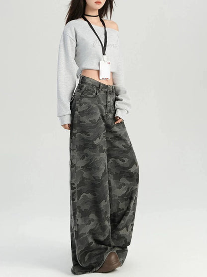 American High Street Fashion Cargo Pants Female Autumn Retro High Waist Women Pants Loose Slim Straight Leg Casual Woman Pants