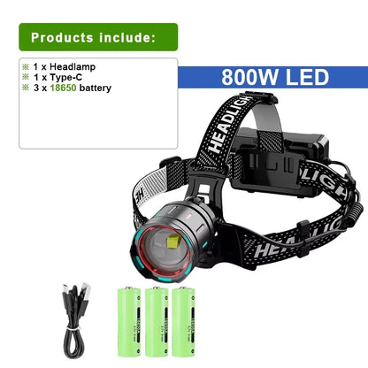 2025 Powerful LED Headlamp Rechargeable Telescopic Zoomable Headlight Outdoor Waterproof Work Head Lamp High Lumen Head Torch
