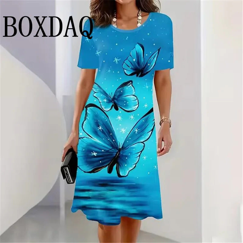 3D Butterfly Print Dress For Summer Women Party O-Neck Short Sleeve Dress Sundress Casual Elegant Ladies Loose Mini Dresses 2025