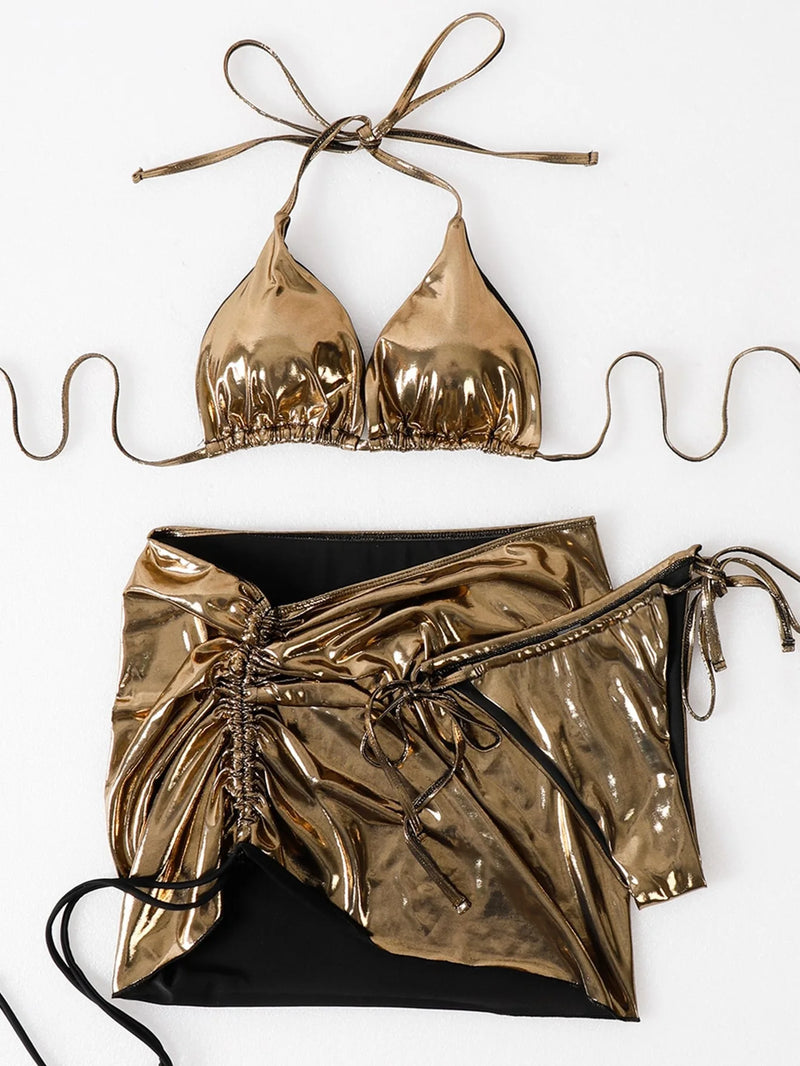 Lady's 2025 Summer Hot 3 pcs suit Leather gold shiny swimsuit brazilian bikini set with mini ruched skirt sexy beachwear outfits