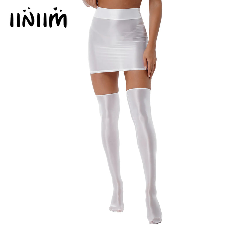 Women's Shiny Skirt Set Glossy Solid Color Lingerie Suit with Stockings Rave Bar Pole Dance Outfit Clubwear Performance Femme