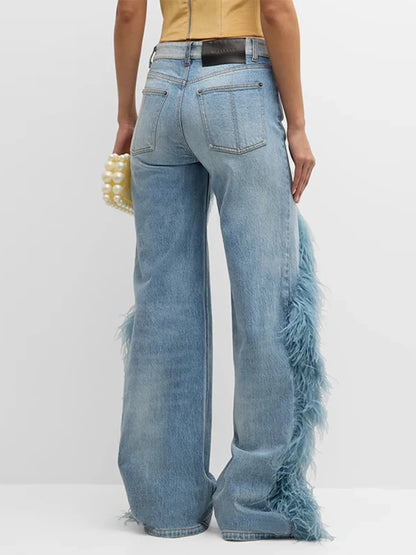 Feather Women's Pants Wide Leg Long Denim Loose High Waist Regular Casual Female Jeans Loose Spring Woman Baggy Basic Trousers