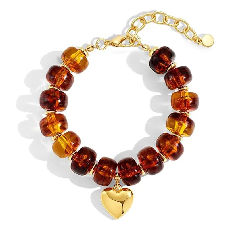 Bohemian Colorful Chunky Resin Beaded Necklace for Women Y2K Trendy Gold Color Puffy Heart Pendant Choker Summer Beach Jewelry