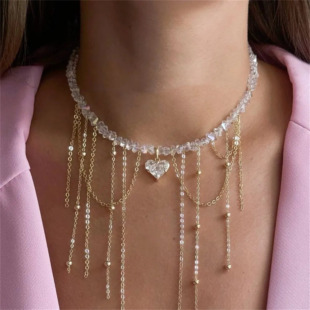 Collier pendentif cœur en zircon et pompons style vintage pour femme, style bohème géométrique baroque, chaîne en cristal transparent