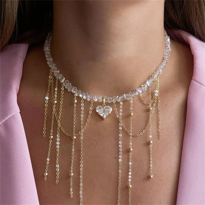 Collier pendentif cœur en zircon et pompons style vintage pour femme, style bohème géométrique baroque, chaîne en cristal transparent