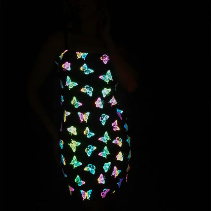 New Arrivals Mushroom Colorful Reflective Dress Women Night Reflect Rainbow Light Black Bodycon Dress Fashion Party Vestido