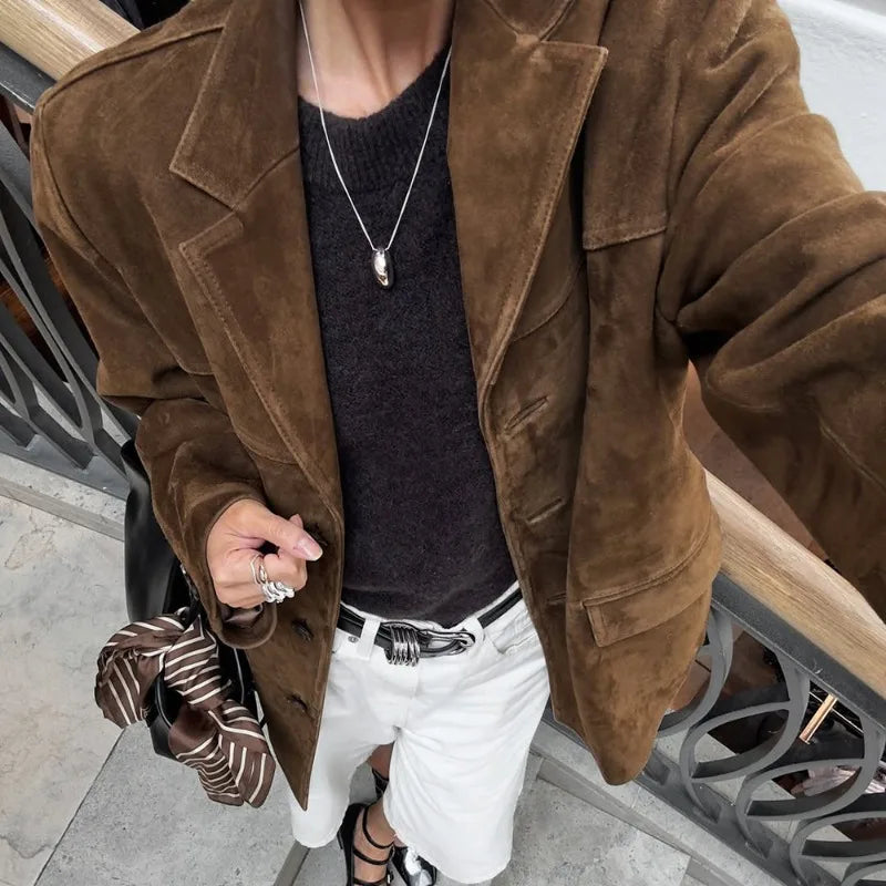 Talenza Vintage Women's Suede Leather Jacket Single Breasted Lapel Brown Blazer Loose Coats 2025 Autumn Office Lady Outerwears