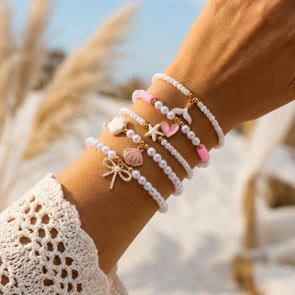 Cute Coral Starfish Shell Multi-Layer Bracelet for Women Ocean Series Fashion Stackable Beaded Jewelry Accessories