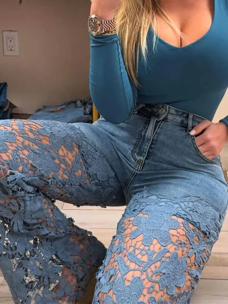 Careaymade-Lace Spliced Elegant Hollow Out Jeans Women New Temperament High Waist Straight Loose Denim Trousers Y2k Streetwear