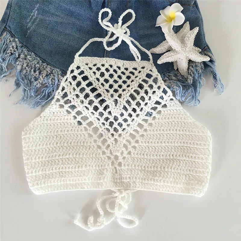 White Halter Vest Strap Crop Tops Bra Beach Bikini Women Summer Short Vest Sexy Hollow Out Crochet Bikini Tank Tops Shirt Plain