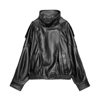 Vintage Stand Neck Leather Jacket Women Solid Motorcycle Style Asymmetry Elastic Hem Loose Cropped Jackets Lady New Outwear 2026