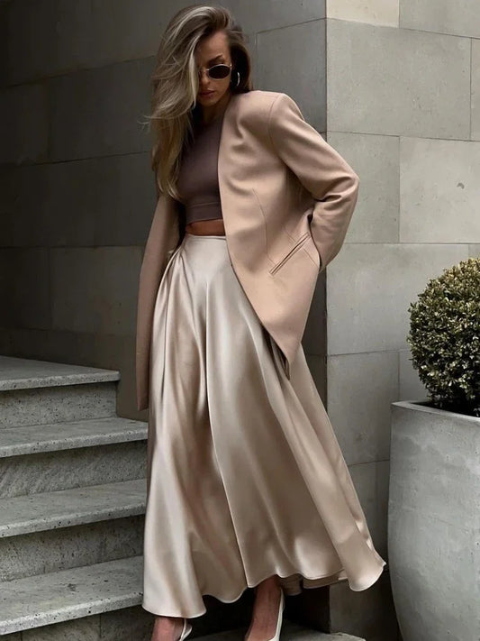Elegant Women's Skirt Autumn Satin Silk Long Skirts for Women Fashion 2025 Lady Solid Color Khaki White High Waist Skirt Women