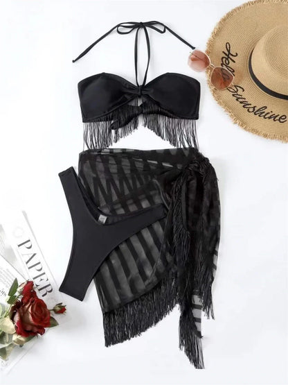 Sexy Tassel Skirt Bikinis Sets Women Black White Push Up 3 Piece Mesh Cover Up Swimsuit Cut Out Bathing Suit Thong Swimwear 2025