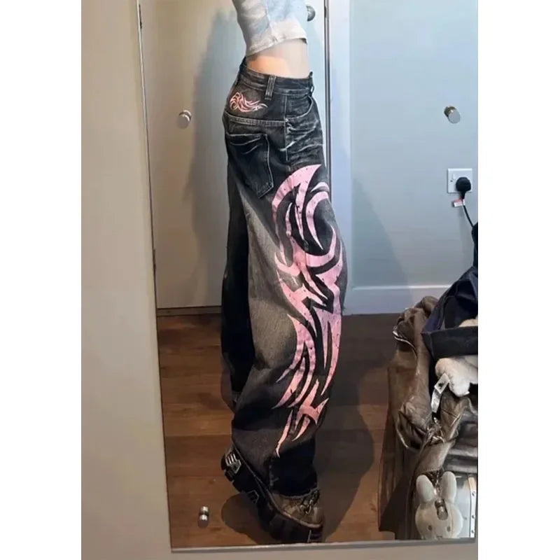 Y2k Vintage Gothic Punk Jeans Women Harajuku Print Grunge Baggy Denim Trousers Punk Hip Hop Black Streetwear Wide Leg Jeans