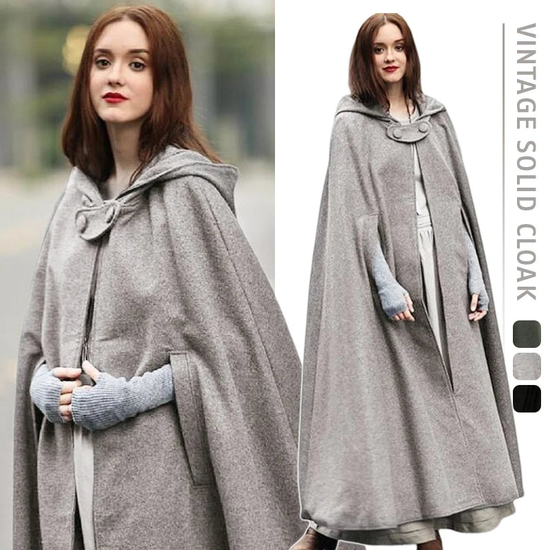 Winter Cloak Hooded Trench Coat Women Gothic Medieval Shawl Cloak Trench Coat Open Front Cardigan Jacket Coat Cape Poncho