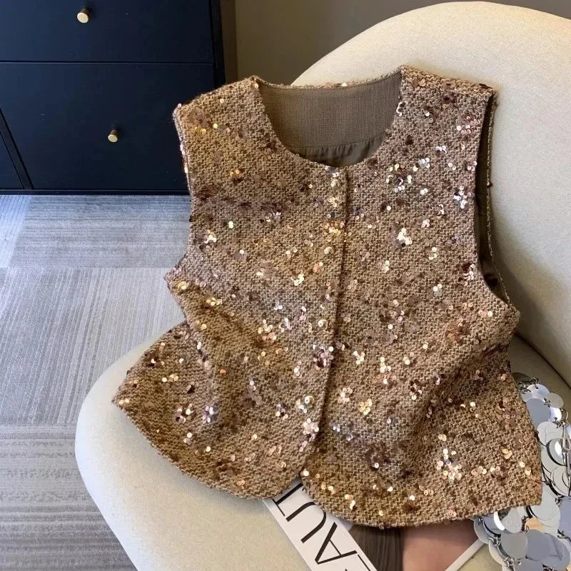 2025 New Women Heavy Sequins Fragrance Vest Coat Splicing New Vest Jacket Sleeveless Top Women Spring Summer Vest Jacket Female