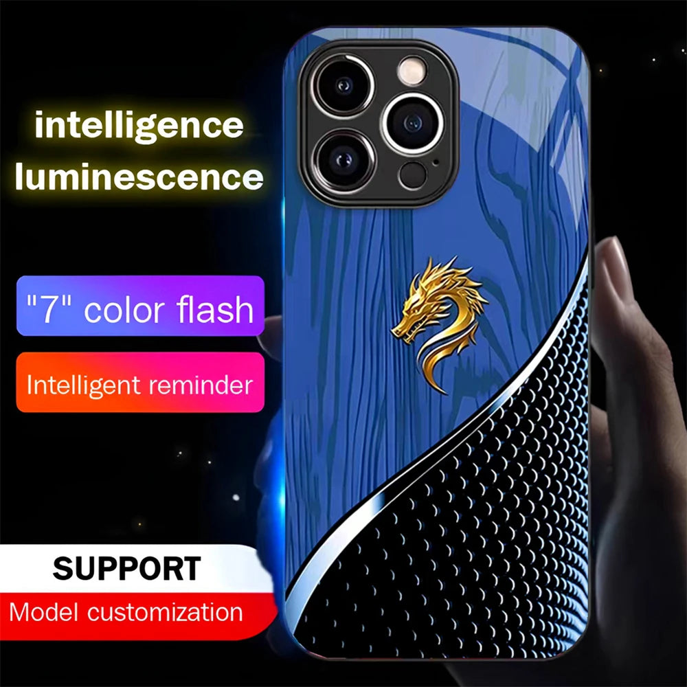 Wood Grain Dragon Emblem Sound Control LED Flash Cases Luminous Glass Cover For XiaoMi 15 14 13 12 11 Pro Ultra
