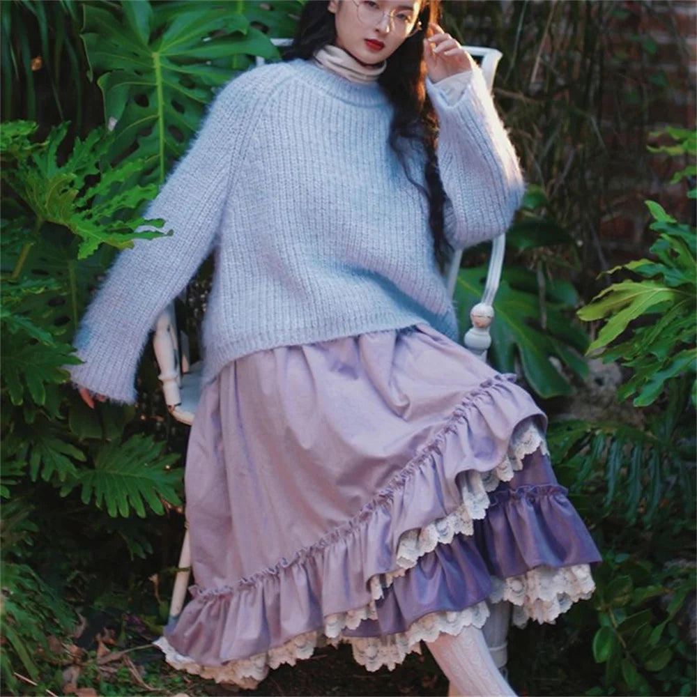Vintage Japanese Style Girl Lace Spliced Purple Ruffled Women Skirts High Waist A-line Irregular Loose Thicken Sweet Long Skirts