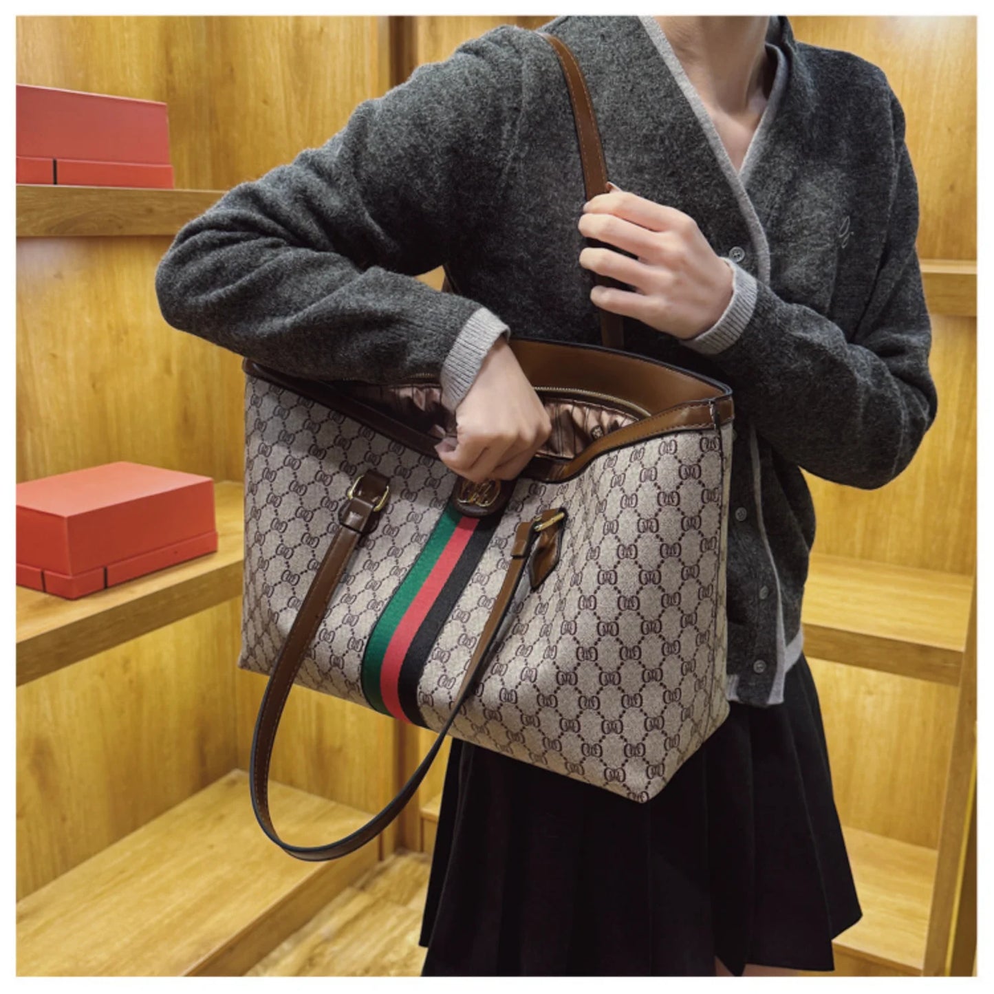 Fashionable Luxury Coffee Colored Floral Handbag with Red and Green Striped Design, Soft Leather, Large Capacity Underarm Bag