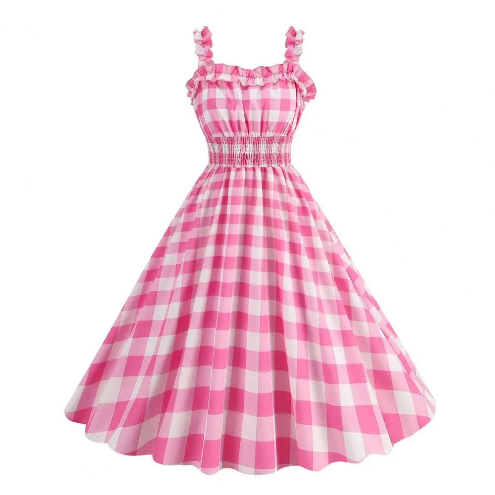 Women Vintage Pink Plaid Dress Retro Rockabilly Strap Suspenders Cocktail Party 1950s 40s Swing Dress Summer Dresses