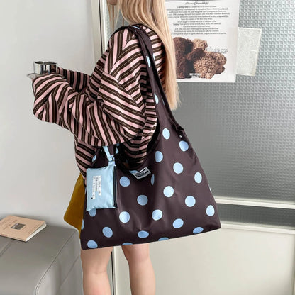 Nylon Dots Zipper Large Capacity Casual Tote Bag 2026 New Korean Style Versatile Bags Sweet Daily Commute Fashion Shoulder Bags