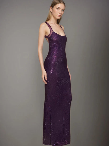 DEAT Fashion Rhinestone Purple Spaghetti Strap Evening Dress Women's Slim Backless Ankle-length Dresses New 7A2294