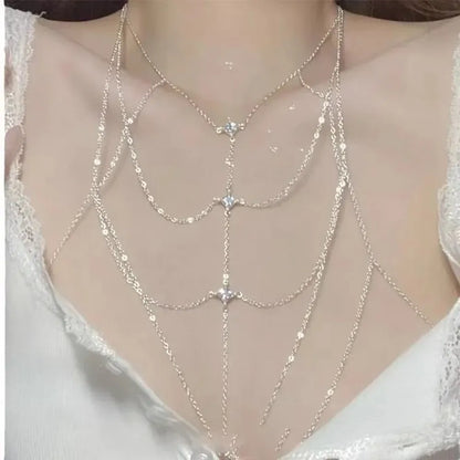 Body Jewelry Glitter Rhinestone Bust Chain Sexy Multilayer Silver Body Chain Luxury Trend Body Chain Jewelry Party