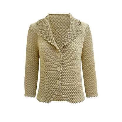 High-end Miyake Solid Color Jacket Wave Pleated Suit Collar Casual Versatile Long-sleeved Short Jacket Female 2024 Autumn New
