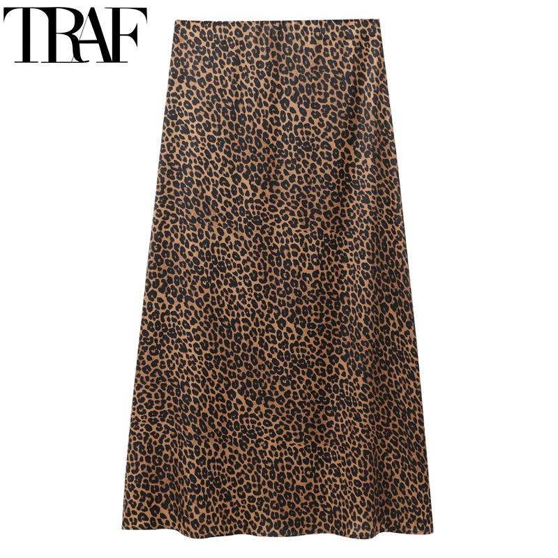 HXAO Women's Skirts Vintage Animal Print Skirt Woman Autumn High Waist Long Skirts For Women Retro Elegant Female Leopard Skirt