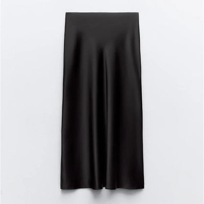 2026 Women Simple Casual Long Skirt Spring Summer Elastic High Waisted A-Line Skirts Woman Elegant Streetwear Satin Skirts Lady