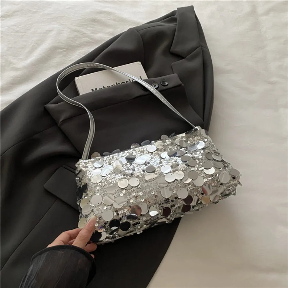 Fashion Lightweight Sequin Shoulder Bags Solid Color Large Capacity Underarm Bag Evening Party Tote Bag Women